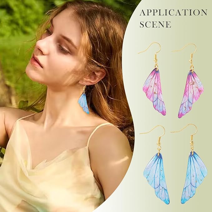 FASHEWELRY 16Pcs Resin Butterfly Wing Charms Yellow Pink Blue Feather Earring Charms Transparent Glitter Insect Wings Pendants with Jump Rings Earrings Hooks for DIY Earring Jewelry Making