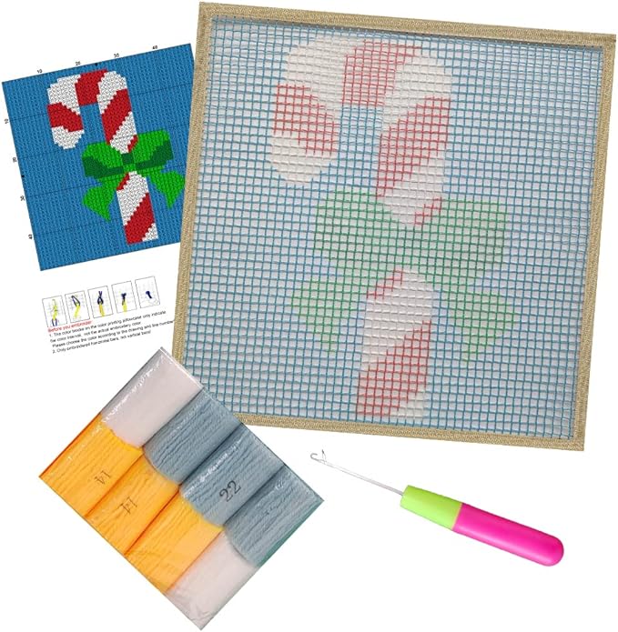 Numptain Latch Hook Kits for Adults,DIY Rug Crafts Christmas Candy Pattern Color Printed Canvas,Latch Hook Kits for Beginners Handmade Needlework Crafts Home Decoration,12"x12"