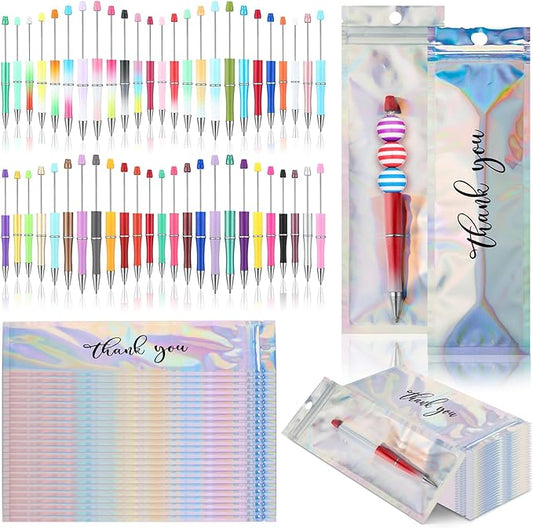Jetec 150 Pcs DIY Beadable Pens Kit 50 Plastic Shaft Black Ink Beaded Pens with 50 Refills 50 Bags for Making Gift Office Supplies (Vivid Colors, Stylish Style)