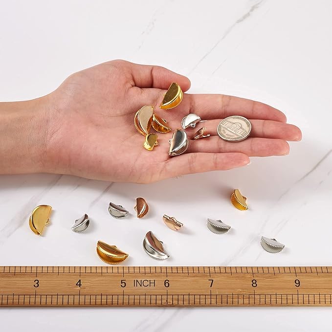 Pandahall 180Pcs Ribbon Crimp Ends 3 Sizes Half Round Bookmark Pinch Crimp Clamp End Findings Cord for Jewelry Making