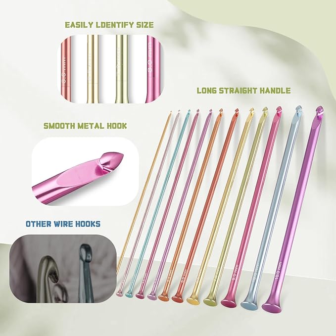 12-Piece Extra Long Tunisian Afghan Crochet Hooks Set, 9.5-Inch (24cm) Crochet Hook Ergonomic, Sizes US 2.5-15 (3mm-10mm), with Leather Case for Crocheting