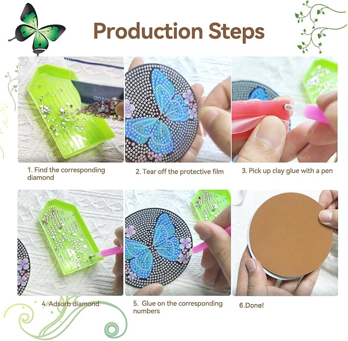 Vcekract Diamond Painting Coasters, 6 Pcs Butterfly Diamond Painting Coasters with Holder, Diamond Art Kits for Adults