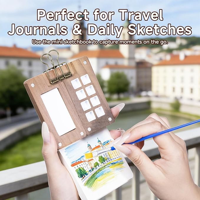 8-Well Mini Travel Watercolor Set, 32-Pcs Portable Pocket Palette Kit with 24 Vibrant Colors, 5 Brushes, 2 Sketchbooks & Clips, Tiny Wood Paint Box for Urban Sketching, Plein Air & Gifts