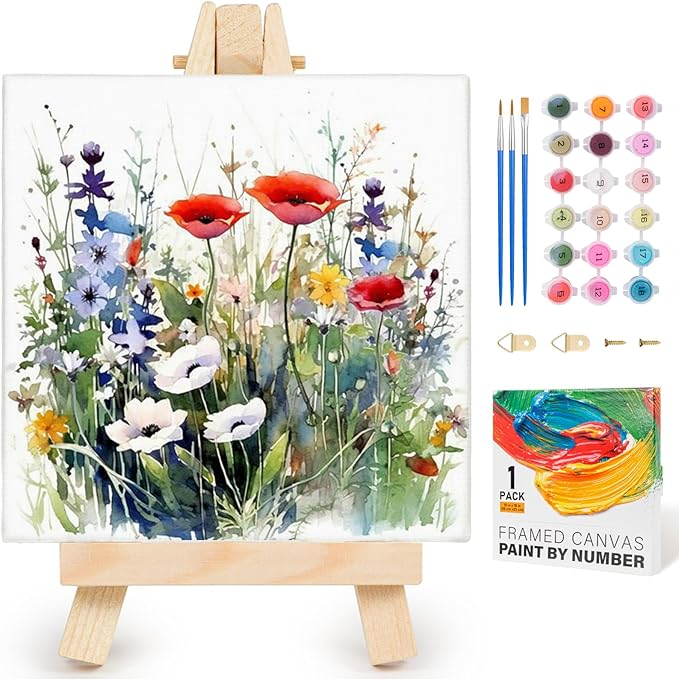 Yezavesu Flower Framed Paint by Numbers Kit for Adults Beginner & Kids Ages 8-12, Wildflowers Paint by Number Without Easel, DIY Adult Paint by Numbers Flowers for Home Wall Decor Gift 10x 10 inch