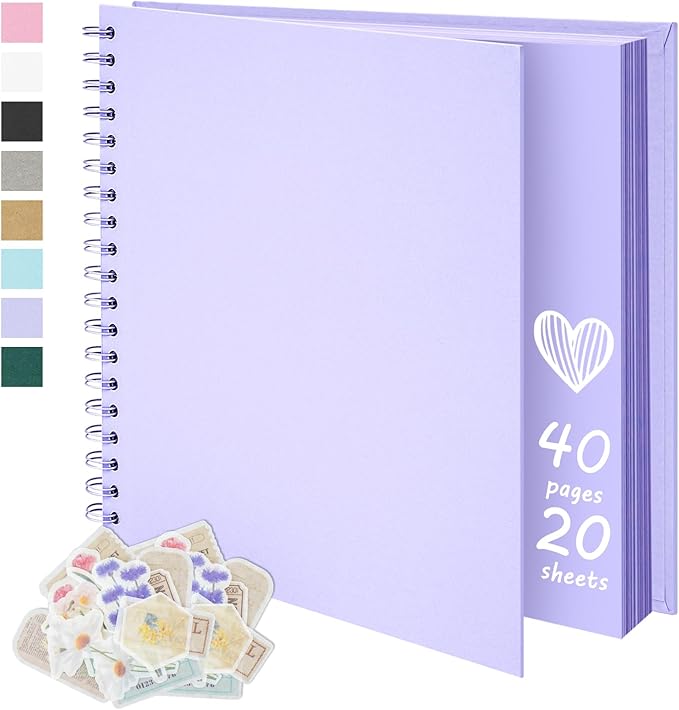 8X8 Inch DIY Scrapbook Photo Album, Kraft Blank Paper Scrap Book 40 Pages Memory Book for Wedding Family, Light Purple