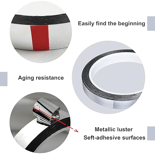 3 Rolls Tape, Self Adhesive Metalized Polyester Film Tape, Washi Tape for Gift Packaging Detailing Accent Walls Graphic Arts for Cars and Boats Trim, 3 Sizes (Silver)