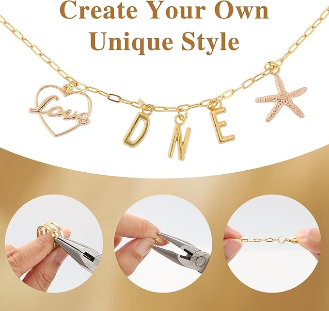 LuneClat Gold Sliver Chain Charm Bracelet Making Kit - Including 6 Chains with 142Pcs Pendants, Bulk Set with 400Pcs Jump Rings 50Pcs Lobster Clasps Pliers for DIY Crafts Lovers