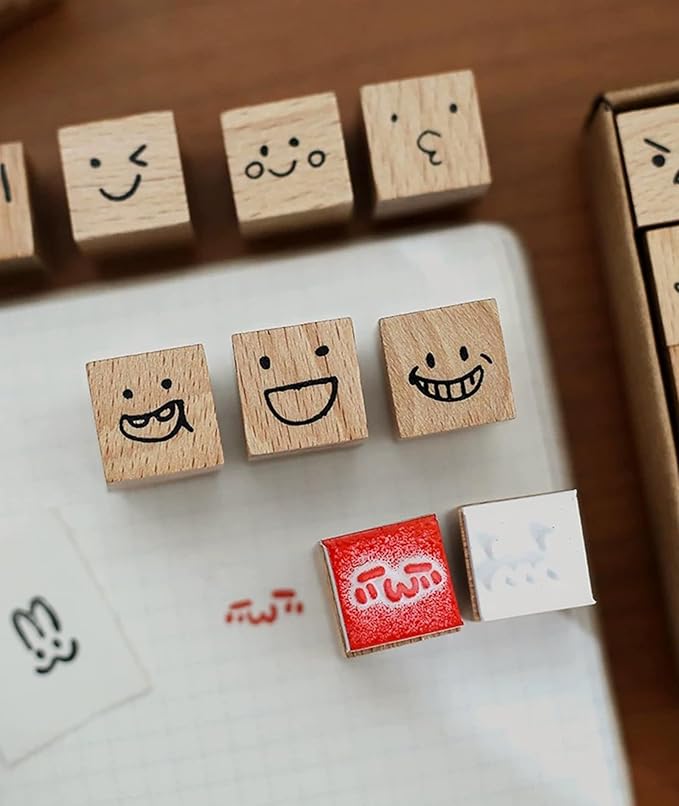 25pcs Mood Expression Wooden Rubber Stamps Kit, Cute Small Emoticon Theme Stamps for Decorative Diary Planner DIY Craft Scrapbook Card Making Letters Journal