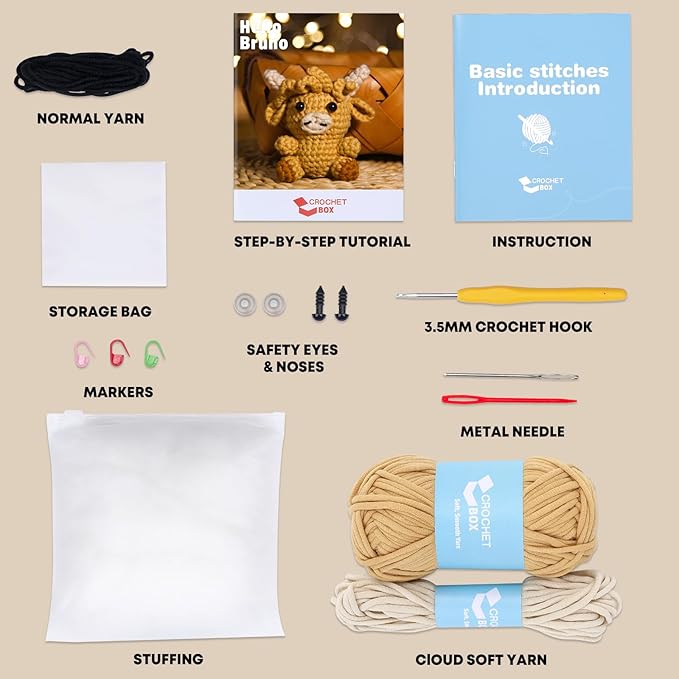 CrochetBox Crochet Kit for Beginners, Highland Cow Easy Animals Starter Set for Adults and Teen (), Knitting Kit with Yarn, Hook, Video Tutorial(30%+ Yarn)