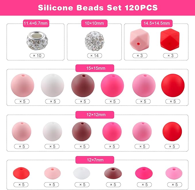 120Pcs Multicolor 12mm 15mm Silicone Beads for Keychain Making, 14mm Hexagon Beads Rhinestone Round Spacer 10mm for DIY Handicrafts(Pink)