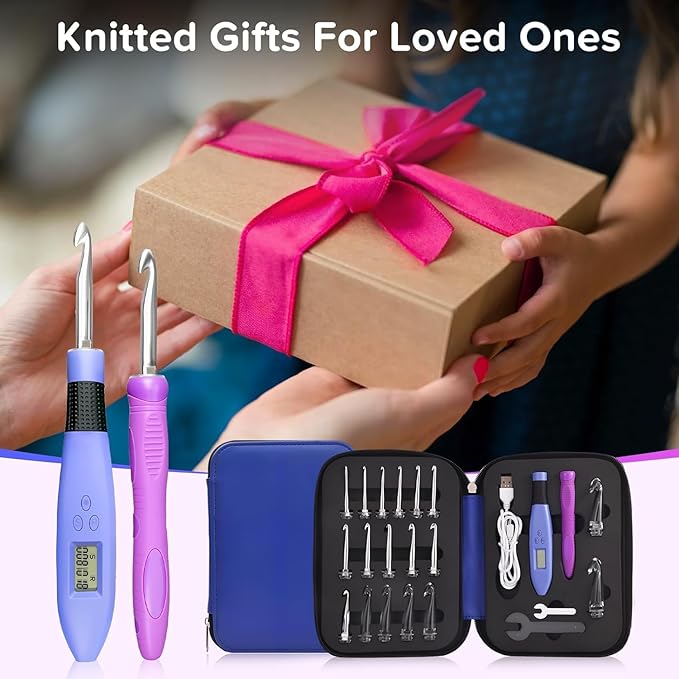 Counting Crochet Hook Set Digital, Light Up Crochet Hooks Set - Ergonomic for Arthritic Hands, Digital Stitch & Row Counter - 18 Size Interchangeable Crochet Kit - Cool Gift (Blue, 18 Size)