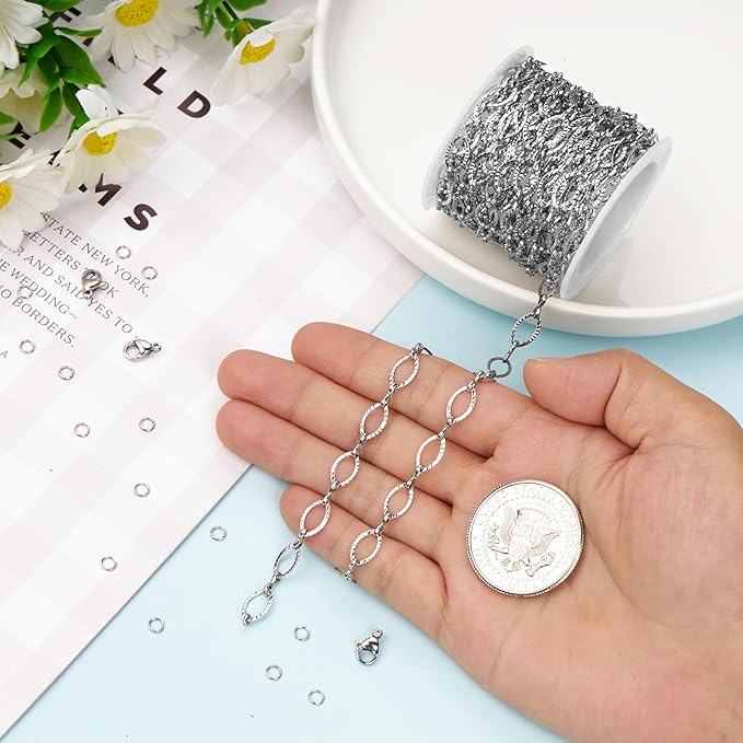 Kyutong Texture Oval Circle Chains for Jewelry Making 16.4 Feet Stainless Steel Silver Chain with Jewelry Supplies for Men Women DIY Necklace Crafts