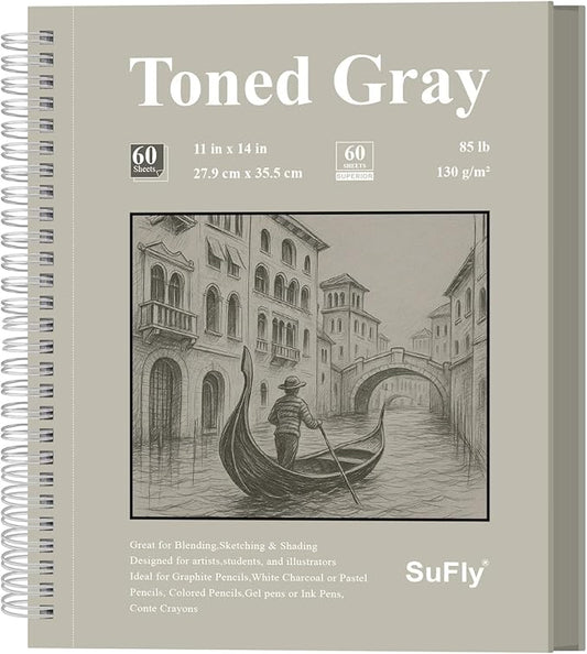 sufly gray toned sketch pad, 11" x 14" - 60 sheets spiral bound sketchbook, 85lb/130gsm toned gray paper for graphite, charcoal, colored pencils and gel pens.