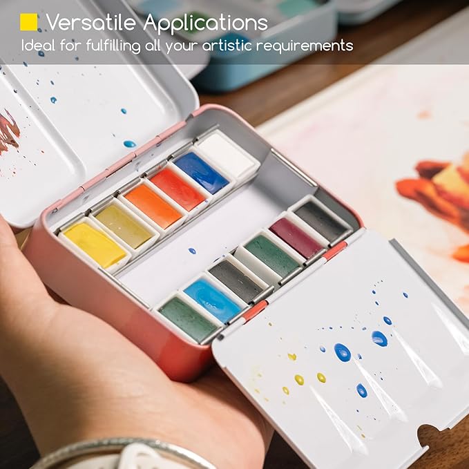 MEEDEN 12 Colors Watercolor Paint Set: Travel Watercolor Set with Brush in Half Pans - Portable Watercolor Paints for Adults & Artist