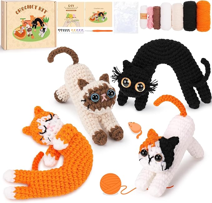 Crochet Kit for Beginners - 4 PCs Cat Crochet Kits with Step-by-Step Video Tutorials, Beginner Crochet Kit for Adults Kids, Learn to Crochet Animal Kit, Creative Crochet Gift for Cat Lovers