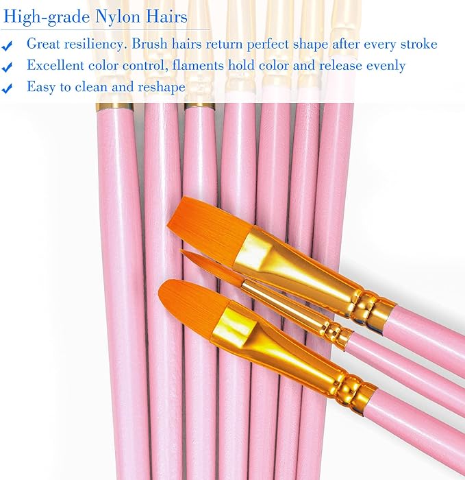 BOSOBO Paint Brushes Set, 10 Pieces Round Pointed Tip Paintbrushes Nylon Hair Artist Acrylic Paint Brushes for Acrylic Oil Watercolor, Face Nail Body Art, Miniature Detailing & Rock Painting, Pink