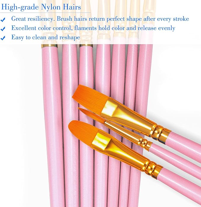 BOSOBO Paint Brushes Set, 4 Pack 40 Pcs Round Pointed Tip Paintbrushes Nylon Hair Artist Acrylic Paint Brushes for Acrylic Oil Watercolor, Face Nail Art, Miniature Detailing & Rock Painting, Pink