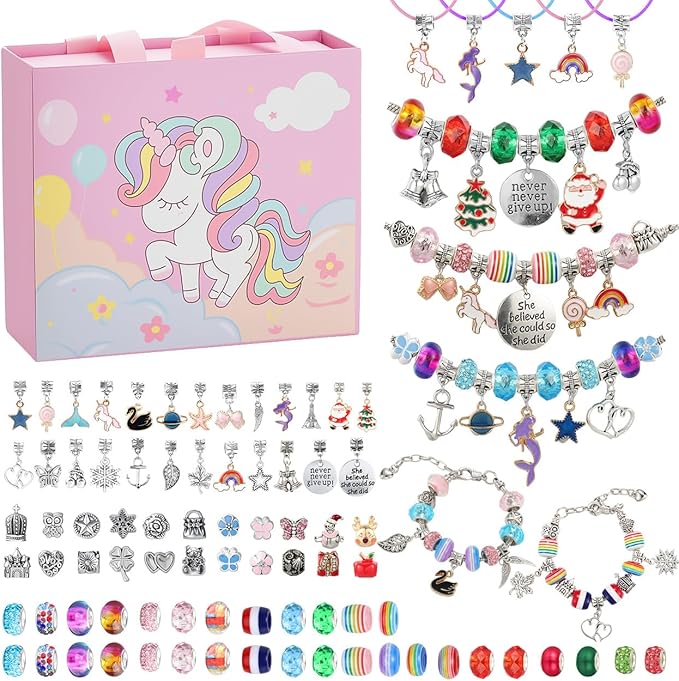 Emibele Charm Bracelet Making Kit, Jewelry Making Kit for Girls Age 8-12, Unicorn/Mermaid DIY Bracelets Crafts Kit for 5 6 7 Girls, Gifts Idea on Birthday Valentines Easter
