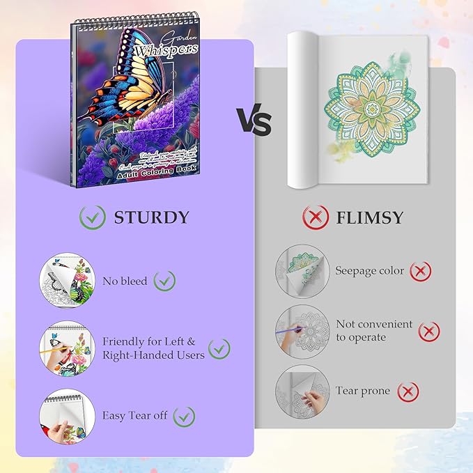 Hardback Covers Thick Paper Adult Coloring Book for Women Relaxation, Spiral Bound Coloring Book Hand-Drawn Design with 50 Pages, Mindfulness Gifts for Women to Relax - Garden Whispers