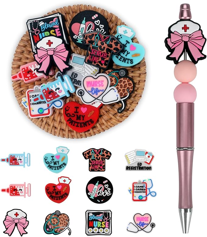 12pcs Nurse Silicone Focal Beads Silicone for Keychain Making Beads for Pens Shape for Bracelet Necklace Crafts （Nurse）