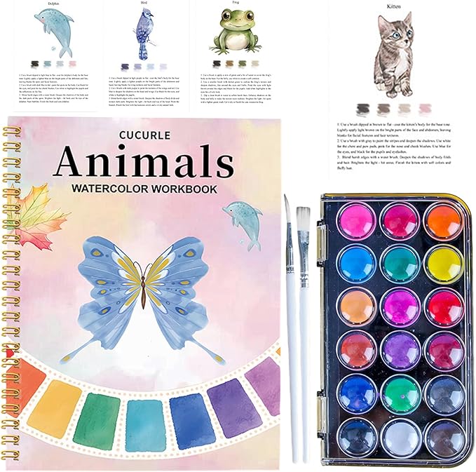 Watercolor Workbook Spring Animal Coloring Book with 18 Colors Water Color Tutorial Instruction Painting Book Travel Kit Paint Set for Adults Beginners Artists