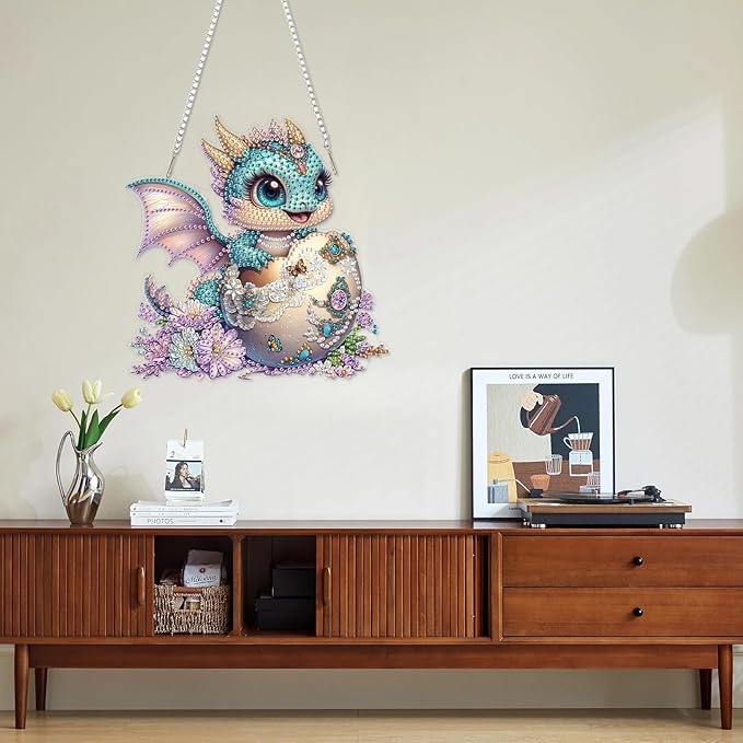 DOMROM Cute Dragon Diamond Art Hanging Kit for Adult, Special Shaped Rhinestone, 5D Diamond Art Painting Window Pendants, Home Wall Art Hanging Kits, Double Sided Hanging Ornament 5.1x7.6in