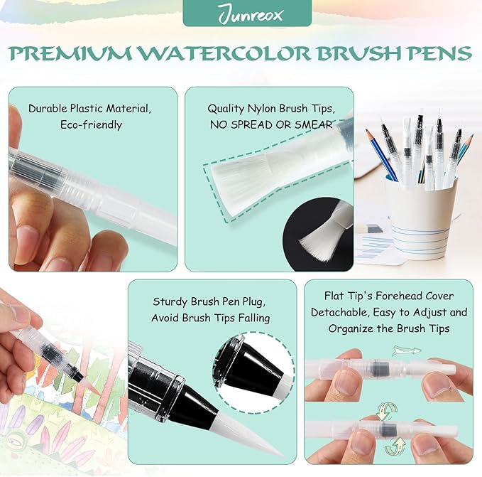 Junreox 12Pcs Watercolor Brush Pens, Premium Leakproof Water Brush Pen with 6 Assorted Tips for Aquarelle, Gouache, Acrylics, Refillable Paint Pens, Arts Value Set