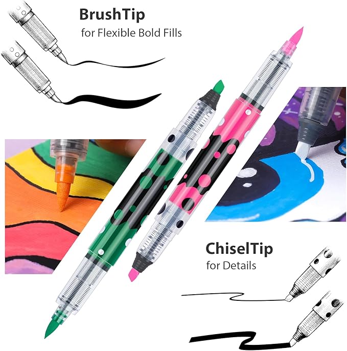 jr.white 24 colors acrylic paint markers– dual brush & chisel tip with auto flow, ideal christmas gifts for family water-based markers, vivid opaque colors for diy crafts, rock, wood, canvas, glass