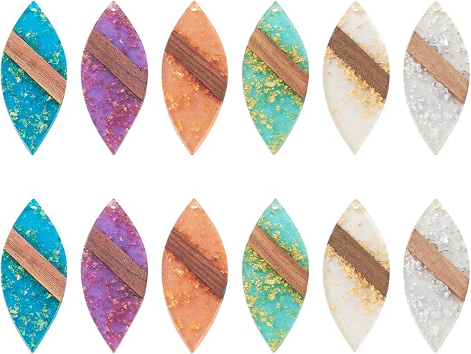Beadthoven Leaf Natural Wood Earring Charms, 12Pcs/6 Pairs Colorful Clear Leaves Resin Charms with Gold Foil for DIY Dangle Wooden Earring Making Supplies