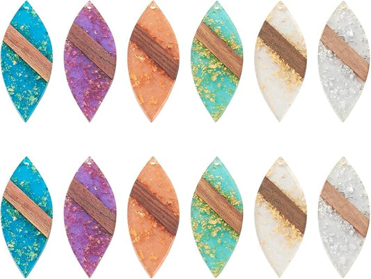 Beadthoven Leaf Natural Wood Earring Charms, 12Pcs/6 Pairs Colorful Clear Leaves Resin Charms with Gold Foil for DIY Dangle Wooden Earring Making Supplies