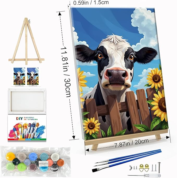 JOOZ Cow Paint by Numbers Kit for Adults with Frame Sunflower Paint by Number with Easel Adult Paint by Number Kits Framed Canvas Oil Painting Kits for Home Wall Decor 8x12 Inch