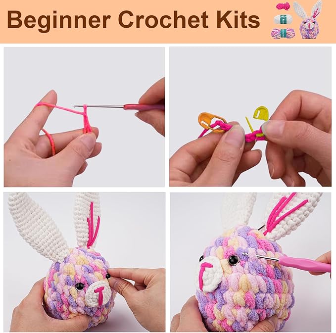 Vanttokeey Crochet Kit for Beginners, Animal Amigurumi Crochet Kits Included, Step-by-Step Video Tutorials, Beginner Crochet Kit for Adults and Kids, Crocheting Starter Set (Bunny)
