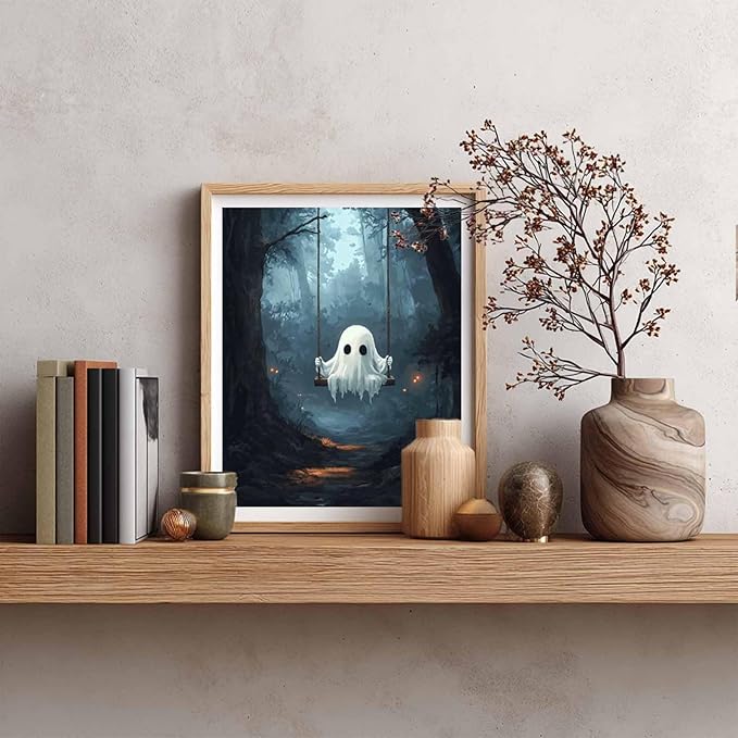Cawpom Ghost Paint by Number, Spooky Paint by Numbers Kit for Adults, Halloween Ghosts Wall Art, Ghost on Swing Acrylic Painting for Festival Gift, Home Decor - Misty Forest(16x20inch, No Frame)