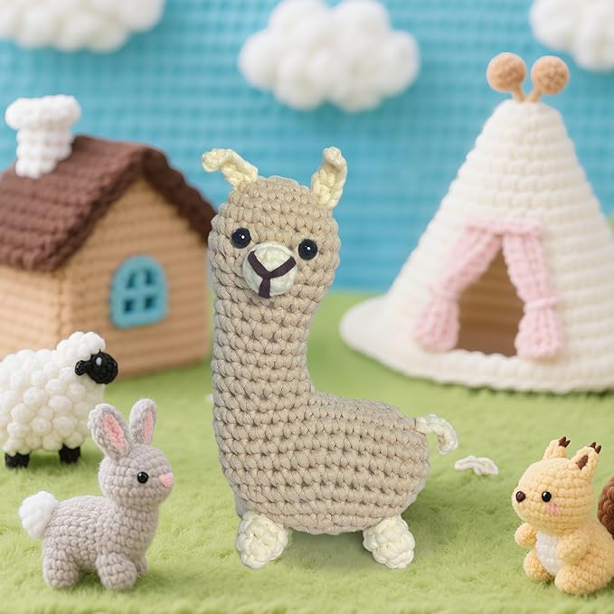 Araeknotta Crochet Kit for Beginners with Easy to Use Yarn, Crochet Hooks, Video Tutorial, Animal Amigurumi Craft Gift for Kids Women Adults (Llama)