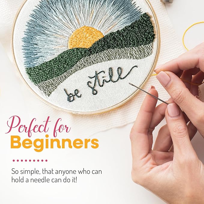 elly & grace christian embroidery kit with embroidery hoop, easy embroidery kit for beginners and adults, full embroidery hoop kit with needles and thread included (be still)