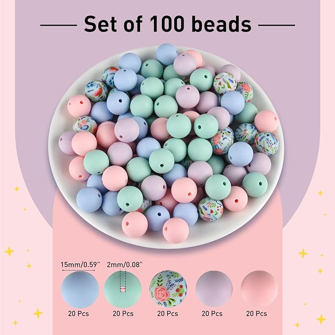 ASTARON 100 Pcs 15mm Silicone Beads for Keychain Making, Light Pink Purple Blue Beads Bulk Round Beads for Bracelets Crafts Beadable Pens Decorations Jewelry Making Supplies