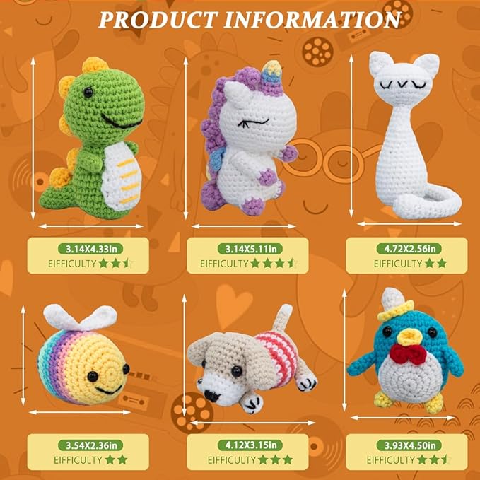Crochet Kit for Beginners – 6 PCS Crochet Animal Kit, Knitting Beginners Kit with Step by Step Videos, Yarn, Crochet Hook, Great Birthday Holiday Gift (Knitting Kit 2)