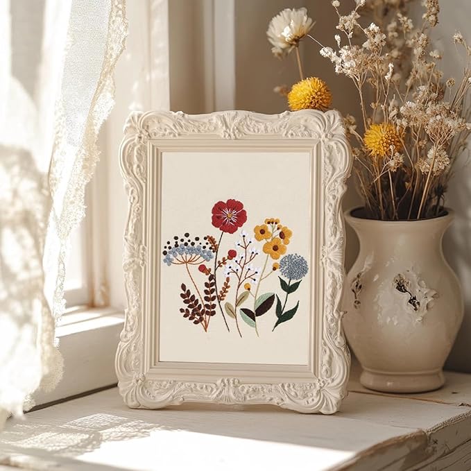 COCOMOX Floral Embroidery Kit, 4 Sets Simple Flower Pattern Embroidery Practice Kits for Beginners Adults, Easy to Follow with Video Instructions