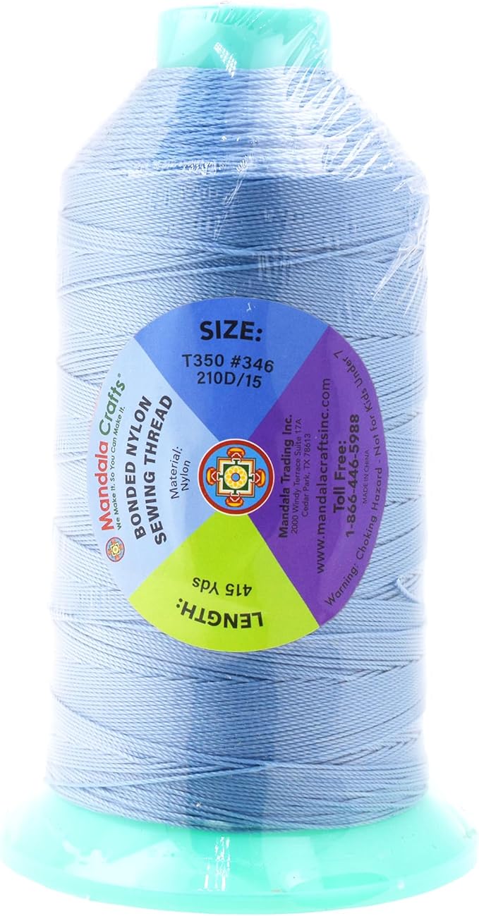 Mandala Crafts Size 346 210D T350 Bonded Nylon Thread - Light Blue 415 YDs Tex 350 Heavy Duty Sewing Threads for Leather, Jeans, Weaving, Outdoor Marine Upholstery