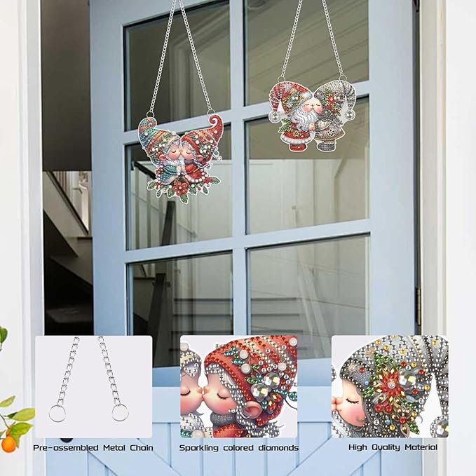 2 Pcs Diamond Art Suncatchers Hanging Kits, Gnome 5D DIY Diamond Painting Ornaments, Kissing Gnome Couple Window & Wall Hanging Decor, Special Shape Diamonds Art Kits for Adults