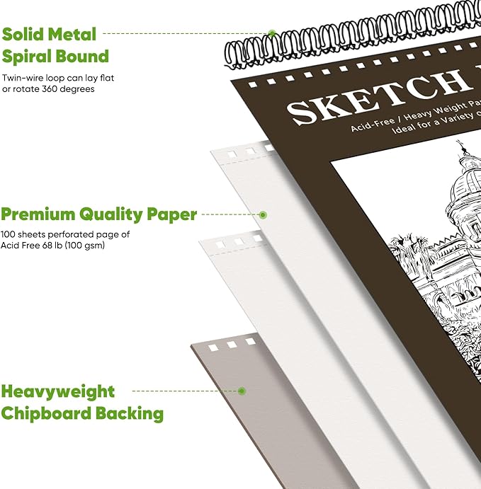 soucolor sketchbook 8.5x11 hard cover - 100 sheets spiral bound sketch pad 8.5" x 11", 68lb/100gsm thick drawing paper 8.5" x 11", acid-free art notebook for adults teacher must have