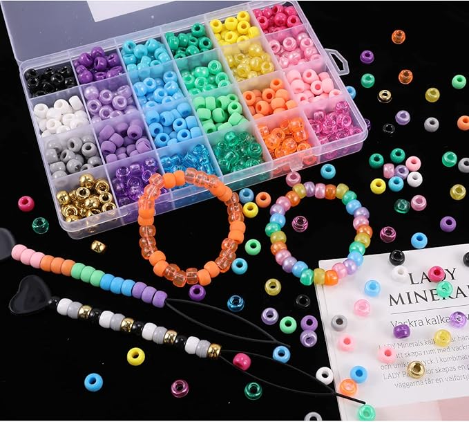 Miss Rabbit 24 Color Pony Beads for Jewelry Making, Hair Beads for Braids with Hair Beaders, Rainbow Kandi Bracelets Kit for Bracelet Making for Women DIY Crafts Friendship Bracelets Making Kit Gift