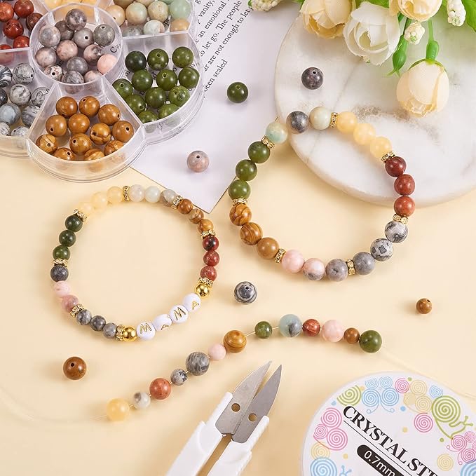 280 Pcs 7 Styles Natural Gem Beads Round Jasper Beads 6mm Mixed Bulk Beads Set Smooth Gem Spacer Bead Charm for Necklace Bracelet Jewelry Making (Hole 0.8~1mm) (6MM, 7 Colors Jasper Beads)