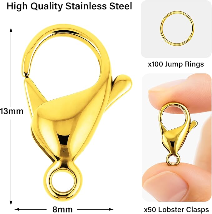Mandala Crafts 13mm Gold Color Stainless Steel Lobster Clasps for Jewelry Making - 50 PCs SS Lobster Claw Clasps with Jump Rings Jewelry Findings Kit for Necklaces Bracelets Charms Fasteners
