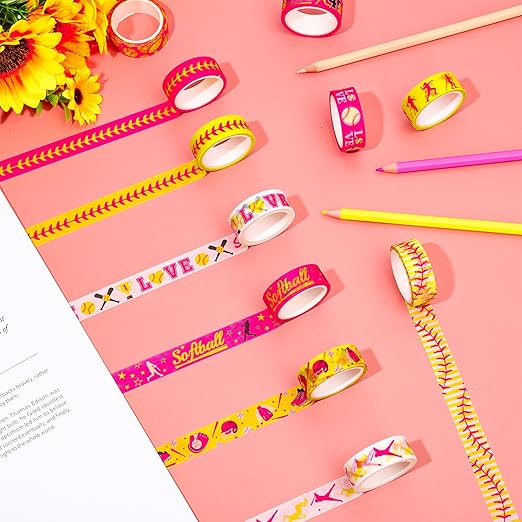 12 Rolls Softball Washi Tape Softball Birthday Party Decorations Sports Ball Masking Tape Set Pink Yellow Decorative Wrapping Paper Tapes for Scrapbook Journal DIY Art Crafts
