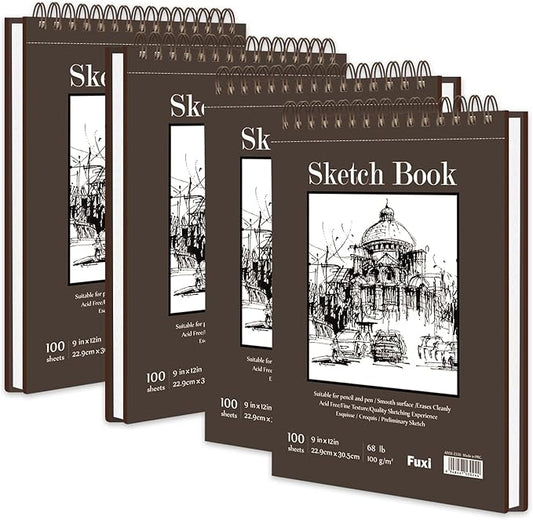 9 x 12 inches sketch book, top spiral bound sketch pad, 4 pack 100 sheets each (68lb/100gsm), acid free art sketchbook artistic drawing painting writing paper for kids adults beginners artists