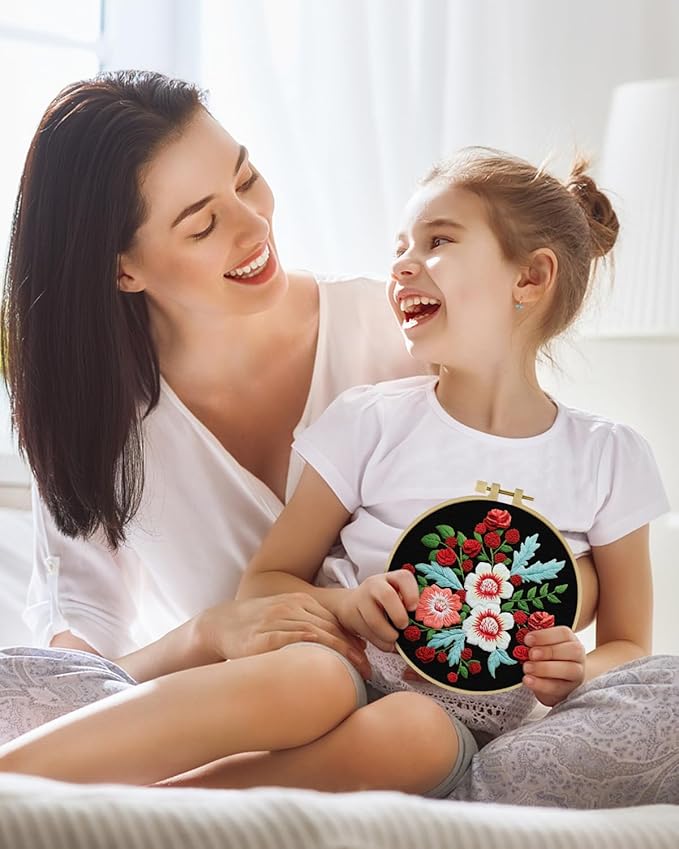 ERKOON Embroidery Kit for Beginners, Flower Cross Stitch Set for Include Embroidery Cloth Hoops Threads for Craft Lover Hand Stitch with Embroidery Skill Techniques (Dream Black Cloth)