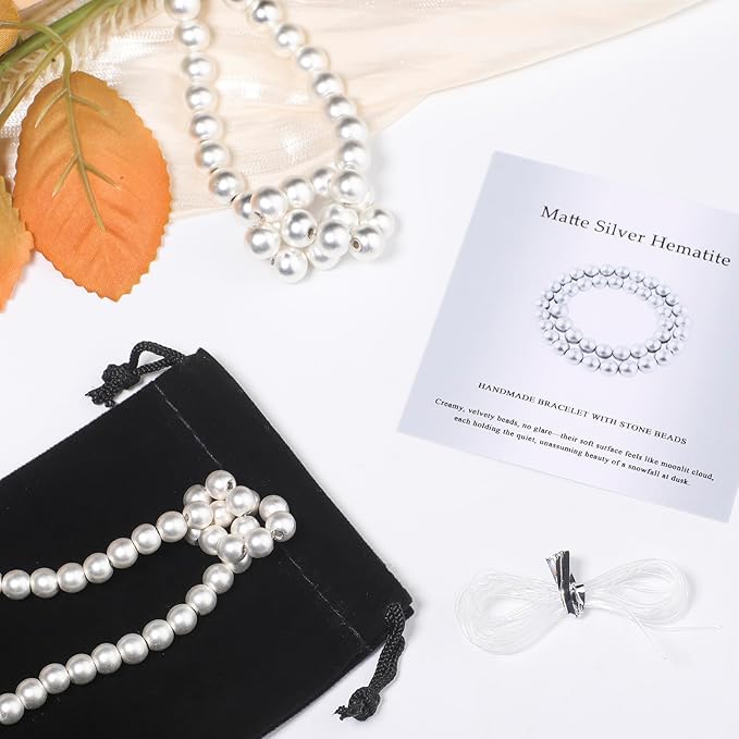 Stone Beads, 60pcs Matte Silver Hematite, 6mm Round Loose Beads for Jewelry Making, Bracelets, with Bag, String & Card