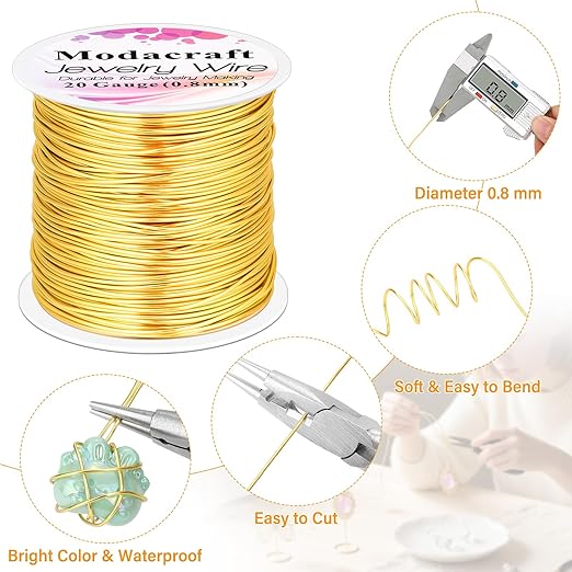 Modacraft 20 Gauge Gold Jewelry Wire & 4-in-1 Pliers Kit - 82FT Tarnish Resistant Copper Craft Wire (0.8mm) for Wire Wrapping, DIY Jewelry Making, Christmas Ornaments & Holiday Decorations