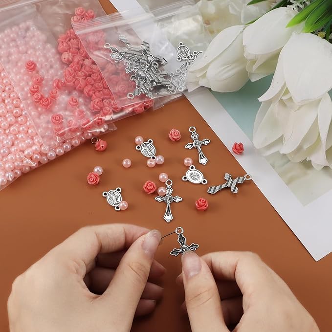 OEMOO 1410PCS Rosary Jewelry Making Kit Rosary Prayer Making Supplies Carved Rose Beads Cross Centerpiece Crucifix Medal, Silver Jesus Maria Pendant for Rosary Bracelet Necklace Jewelry (Pink)